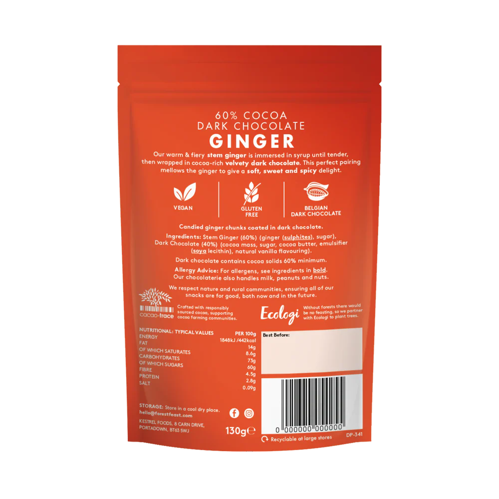 Forest Feast 60% Cocoa Dark Chocolate Ginger 130g