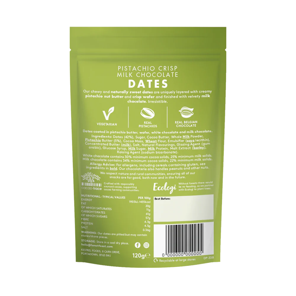 Forest Feast Pistachio Crisp Milk Chocolate Dates 120g
